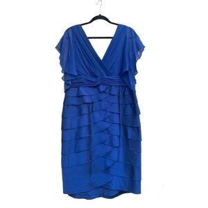 Adrianna Pappel Silk Sheath Dress Tiered Blue Flutter Sleeve Cocktail 14W Formal